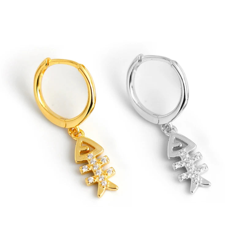 EH1026 Fashion 925 Sterling Silver Cute Cartoon Ocean Style Fish Bone Charm Hoop Drop Earrings for Women Fine Jewelry Accessory