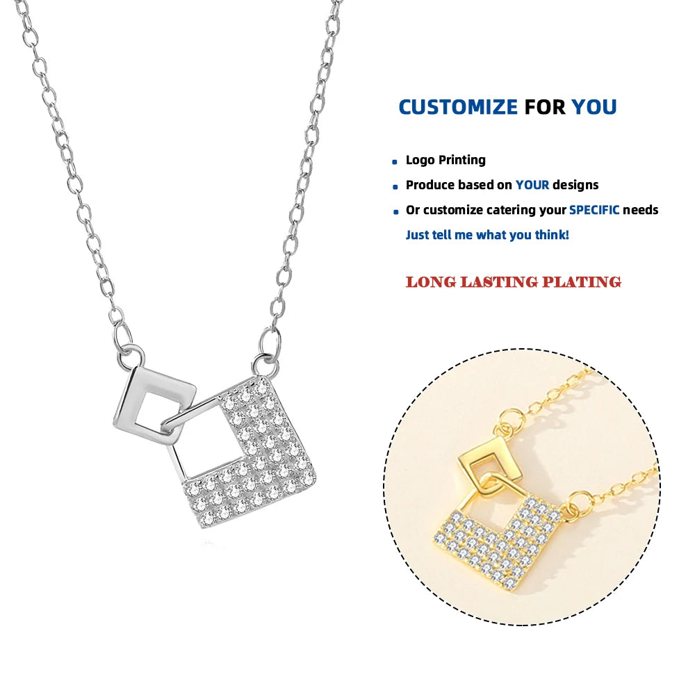DY941 Fashion 925 Silver Necklace Jewelry for Women 925 Sterling Silver Versatile Full Zircon Geometric Square Pendant Necklace