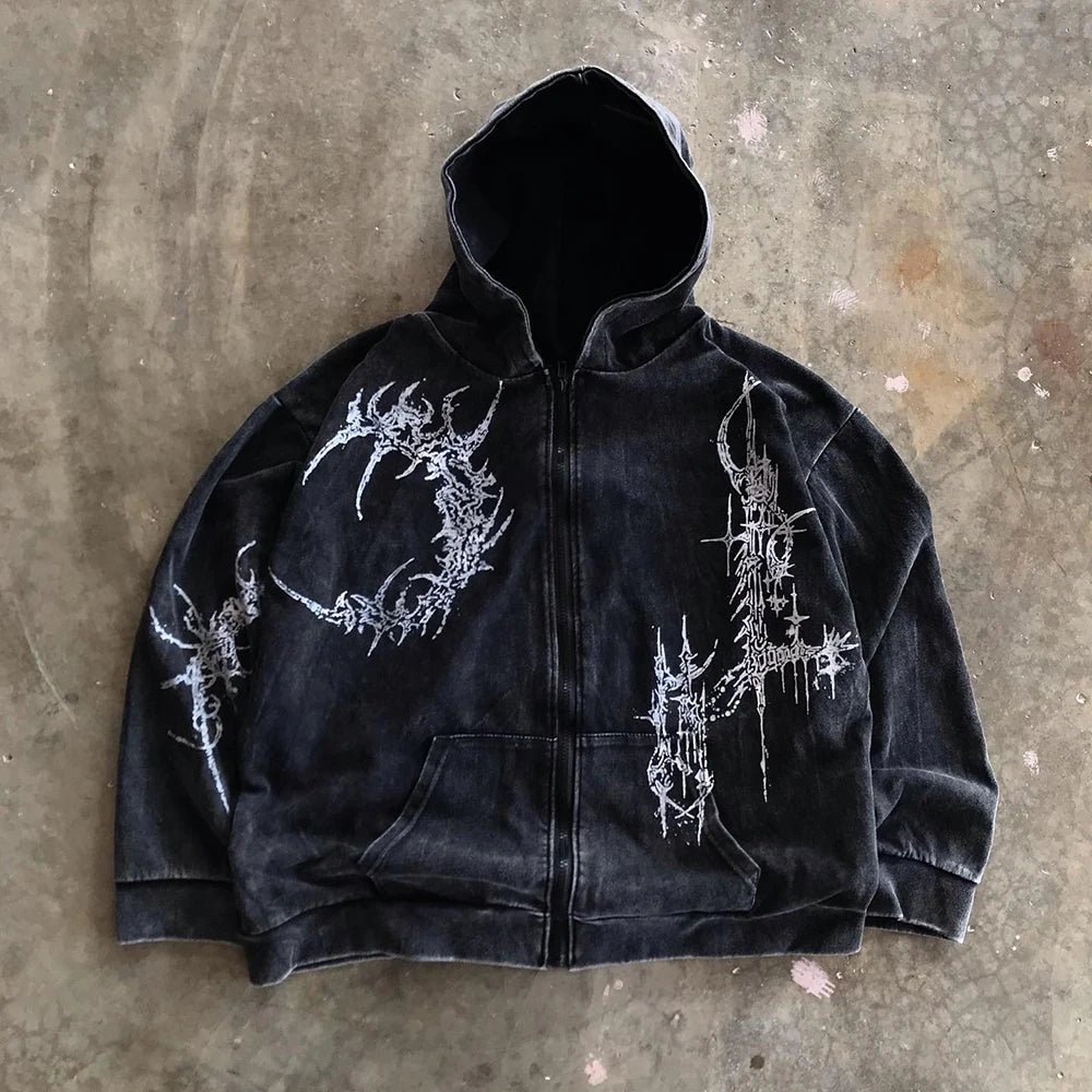 Men's Gothic Vintage Distressed Metal Print Hoodie 100% Cotton Oversized Streetwear Sweatshirt Terry Fabric for Winter
