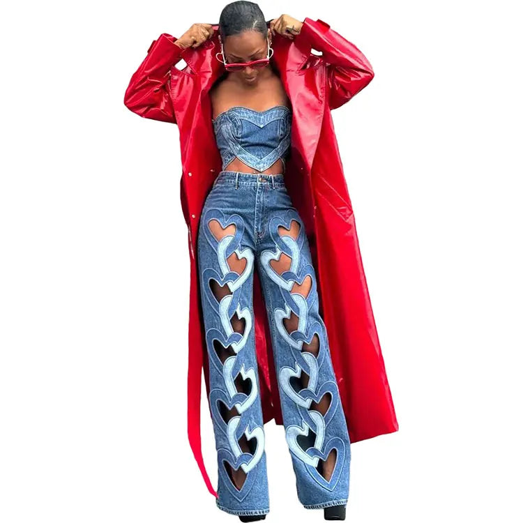 Women's Western Stretchy Denim Pants - New Cut-Out Embroidered Heart Straight-Leg