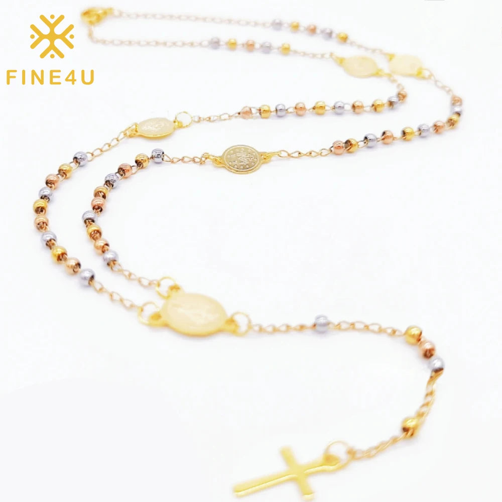 Wholesale Religious Virgin Mary Cross Waterproof Christian Stainless Steel Fashion Pendant 3mm Beaded Necklaces Jewelry