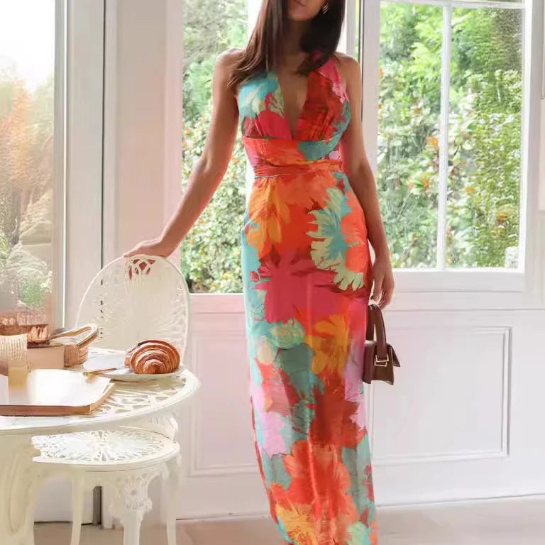 Summer New Women's Clothing Robe Stylish Casual V-Neck Printed Belted Midi Dress Modest Dress Online Retailer