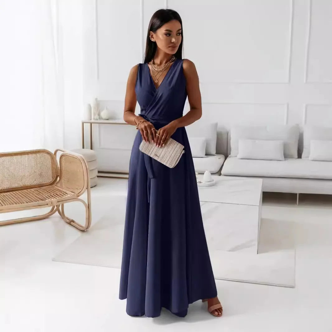 2025 New Style High-waisted Lace-up V-neck Long Evening Dress Elegant Temperament Dress for Women