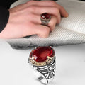 Turkish 925 Sterling Silver Men's Ottoman Style Ring with Natural Agate Stone-Azuris VALKH1271