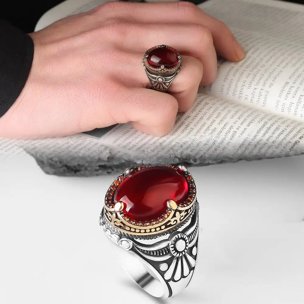 Turkish 925 Sterling Silver Men's Ottoman Style Ring with Natural Agate Stone-Azuris VALKH1271