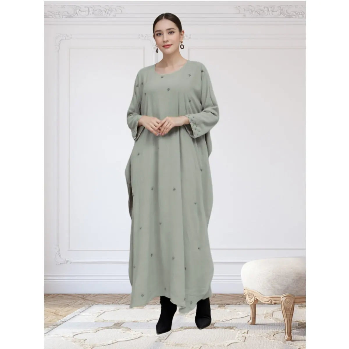 Women Fashionable Loose Fit Long-Sleeved Long Dress With Pearl Round Neck and Versatile Style