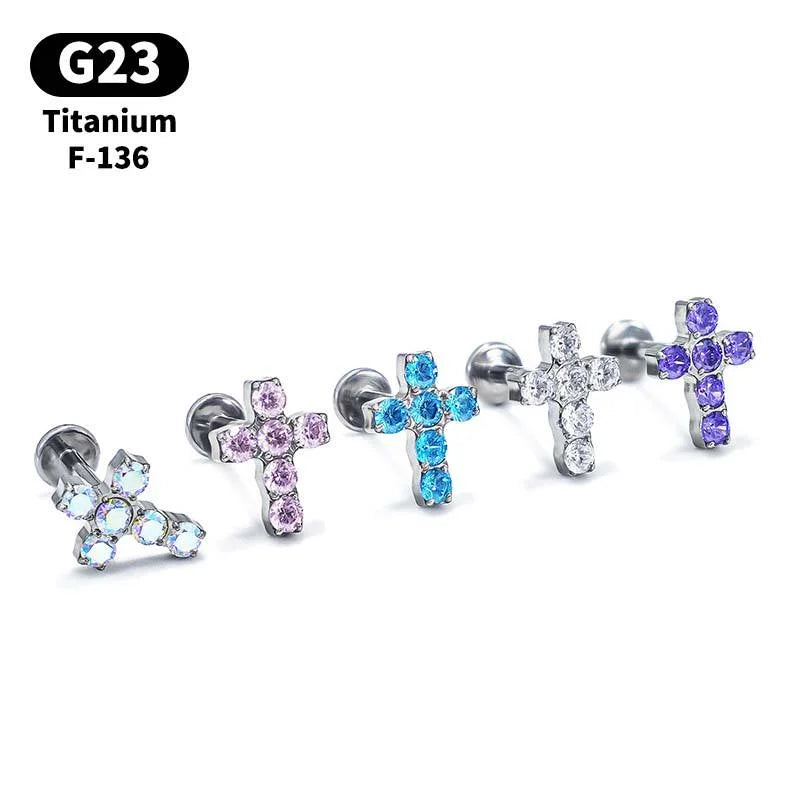 G23 Titanium 16G Ear Studs With Cross Pendant Zircon Dangle Earrings Conch Helix Daith Body Piercing Jewelry