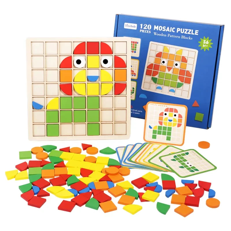 Funny Montessori Wooden Mosaic Puzzle Color Puzzle Board Brain Training Toys for Kids