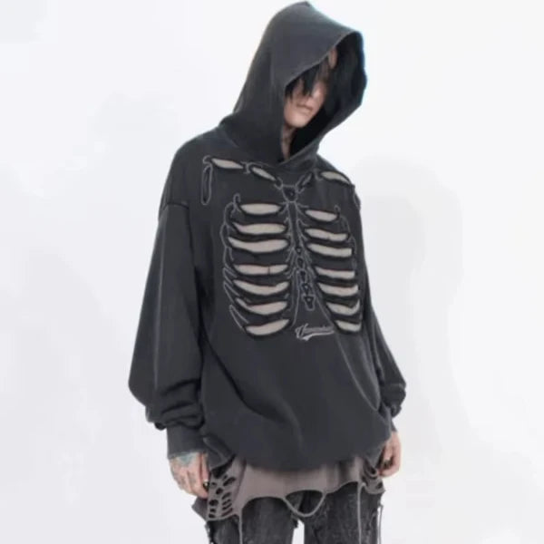 Heavy-duty Old Skeleton Design Niche High Street Hooded Sweatshirt Men's Trendy Brand Oversize Hip-hop Hoodie