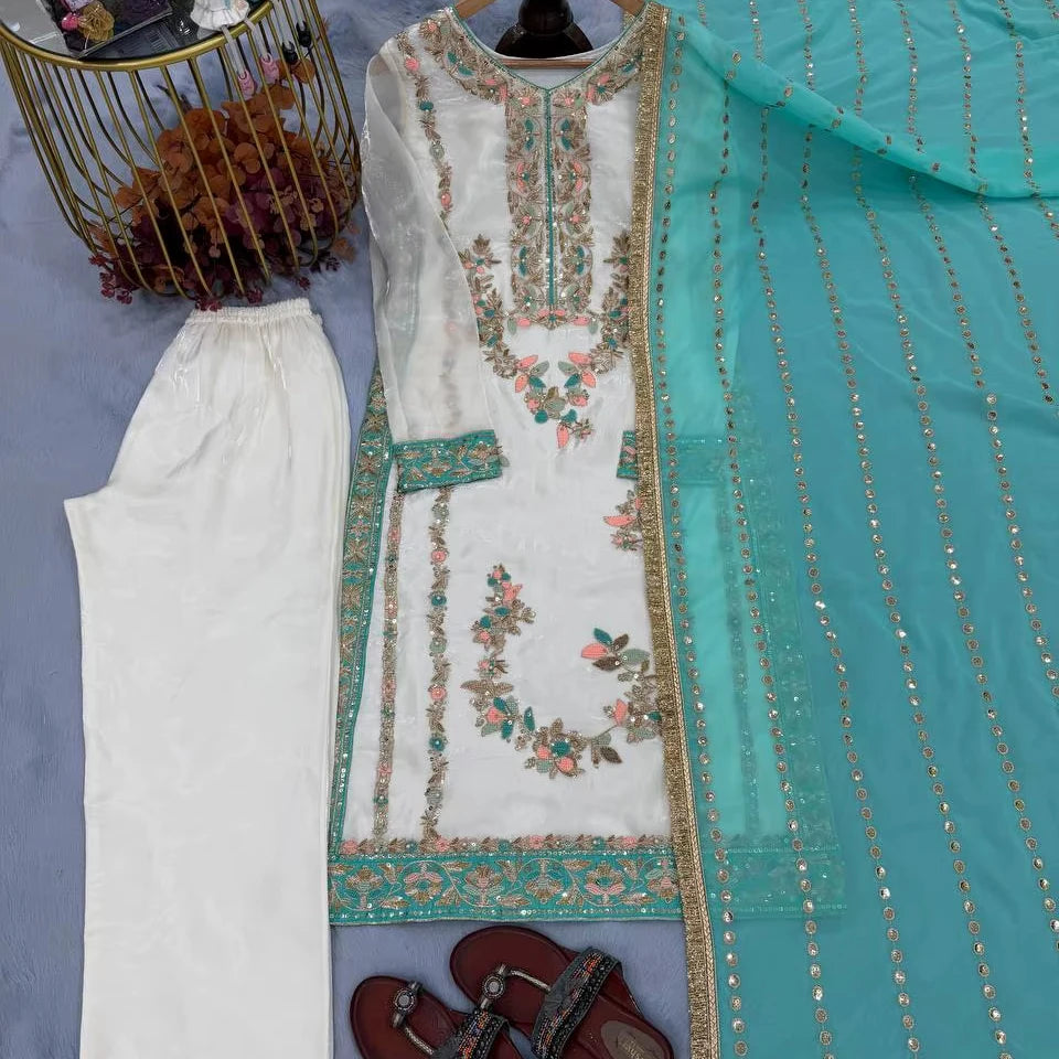 New Premium Designer Wrinkle Free Wedding Diwali Party Wear Look for Silk Heavy Embroidery Top Plazzo & Dupatta Set