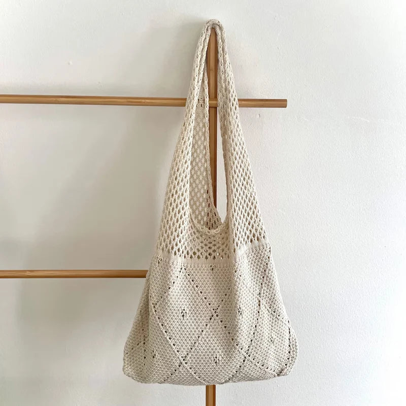 New Love Heart Pattern Crochet Bag Hollow Out Woven Tote Bag Aesthetic Knitted Shoulder Bag for Summer