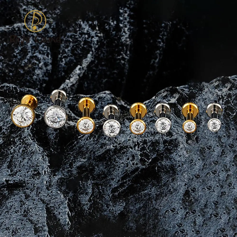 ASTM F136 Titanium Threadless Push Pin Bezel Setting Cz Cartilage Earring Punk Helix Tragus Conch Labret Piercing Jewelry