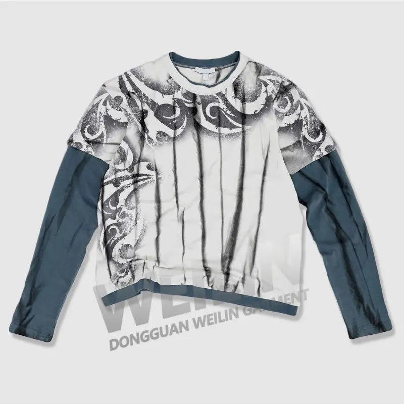 Custom Sun Faded Screen Print T-Shirt Vintage Cotton Spray Wash Mens Double Layer Long Sleeve Distressed Stone Acid Wash T Shirt