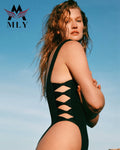 2025 New Design Textured  Swimwear Side Bow Hollow Out High Cut One Piece Swimsuit Custom