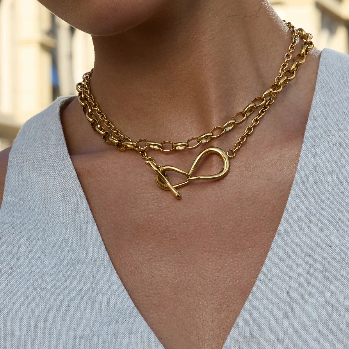 J&D Modern Minimalist 18K Gold Plated Stainless Steel Knot Wrapped OT Buckle Necklace for Women