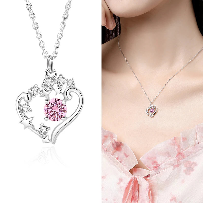 FDXZ-183 Star Heart Necklace for Female 925 Sterling Silver LOVE Pink LOVE Shaped 45cm Chain Simplicity Fairy Department Jewelry