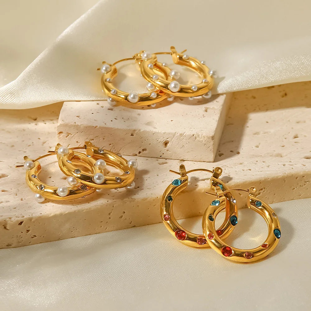 Fashion C- Shaped Colorful Crystal 18k Gold Plated Stainless Steel Pearl CZ Stones Stud Earrings for Women