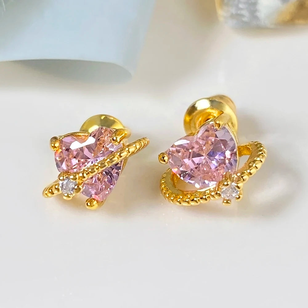 Foxi Fashion Stud Earrings Wholesale 18k Gold Plated Women Pink Gem Heart Stone Earrings