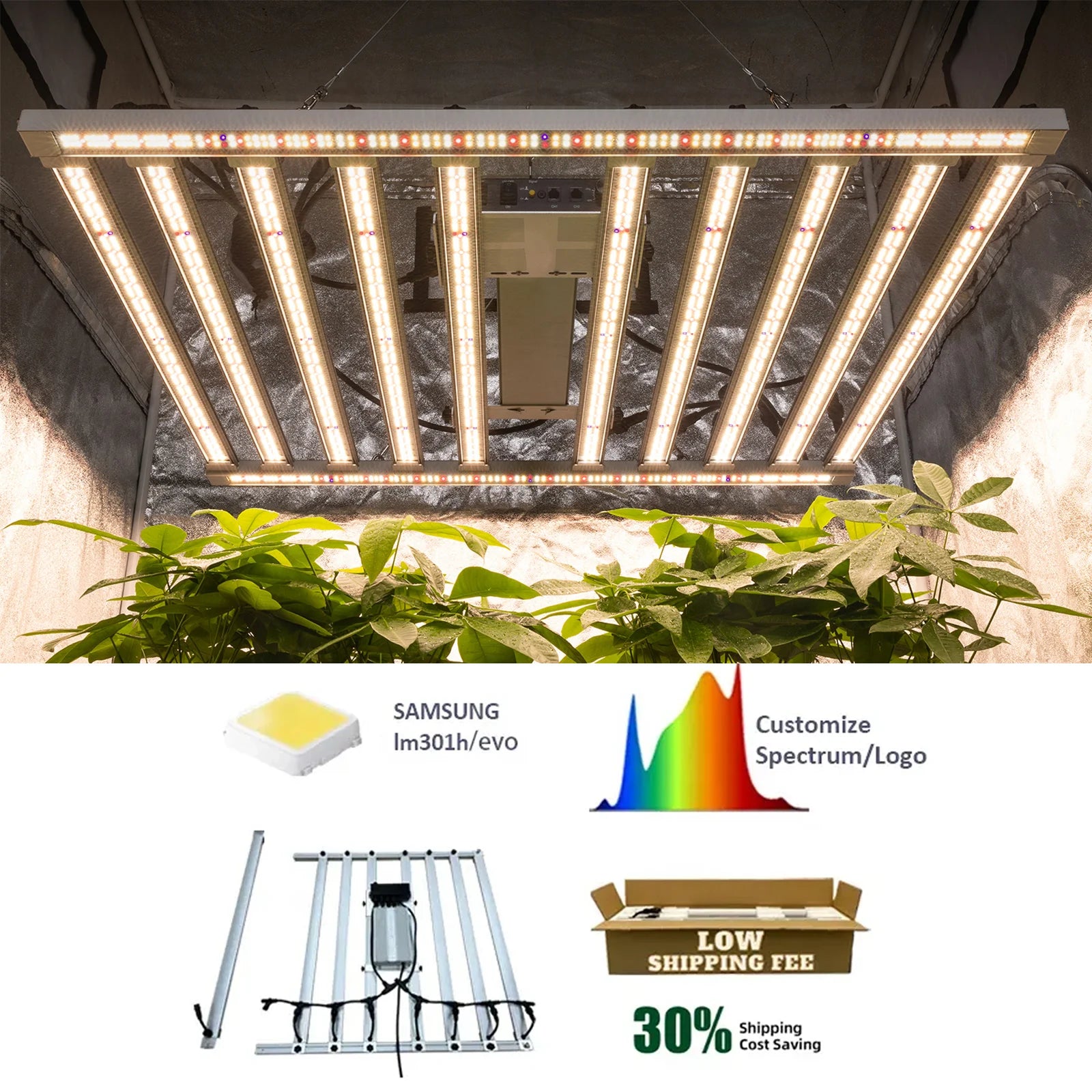 Customizable Samsung LM301H/Evo LED Grow Light | 12 Bars 1000W | UV/IR Separate Control | Detachable Design | Low Shipping