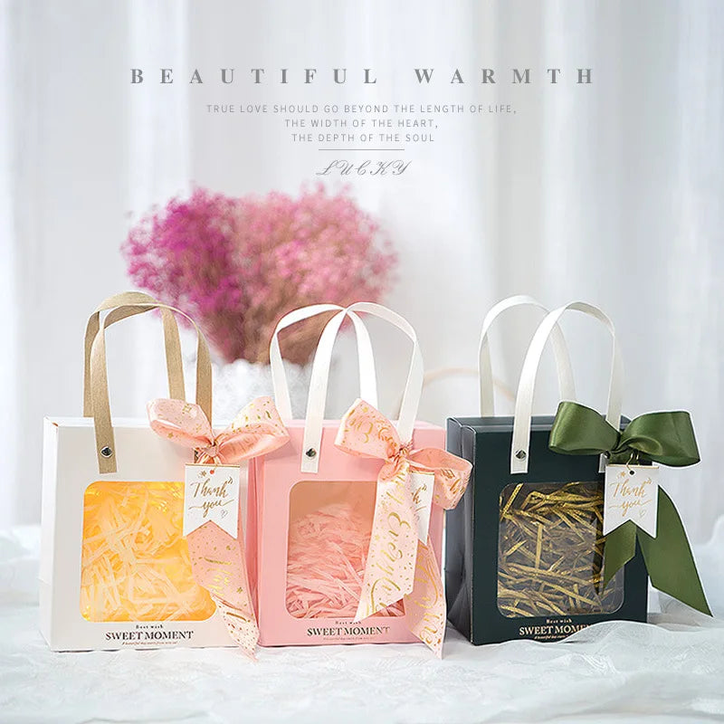 MU Hot Selling Transparent Window Shopping Gift Fashion  Art Paper Bag With Silk Ribbon Handles