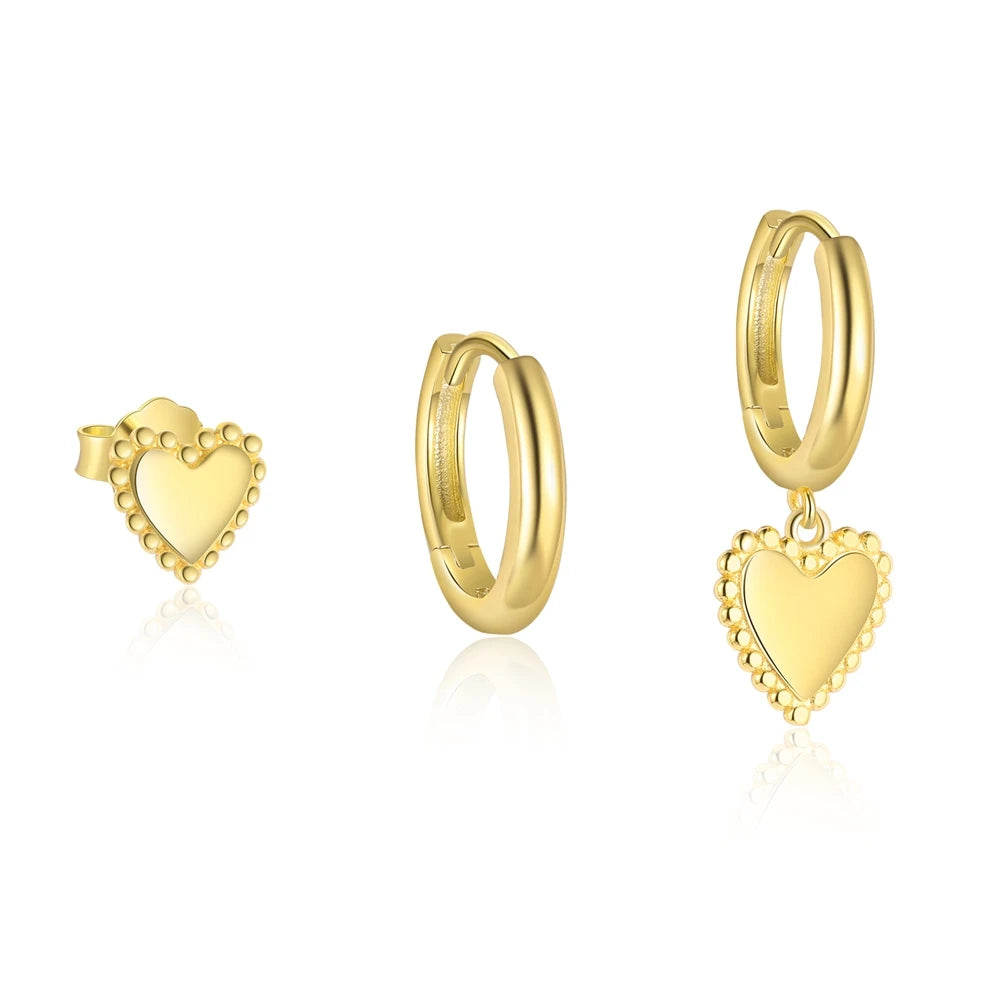 Crafted 925 Sterling Silver 18K Gold Plated Cute Heart Love Stud Hoop Drop Dangle Drop Earrings Sets for Women