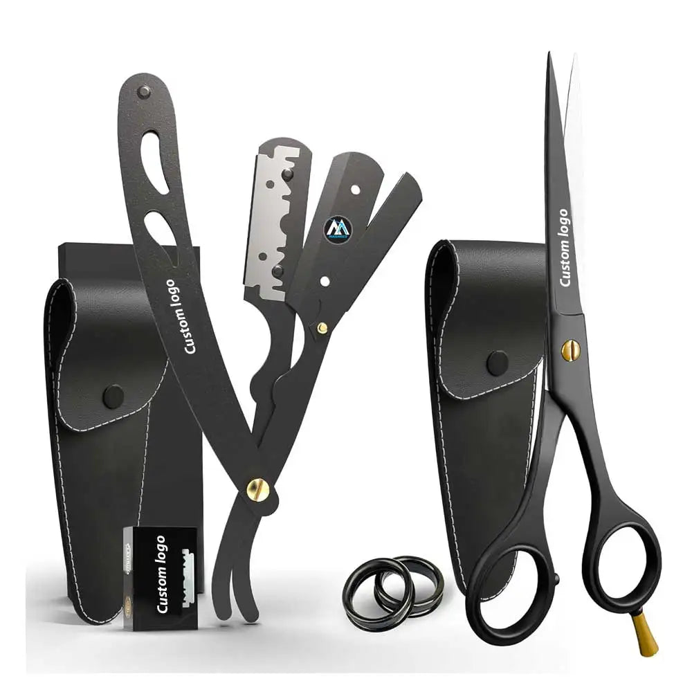 Barber Hair Scissors and Straight Razors for Men Matte Black Plastic Handle Stainless Steel Blades Ultra Sharp