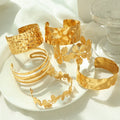 Non Tarnish Waterproof Hiphop Chunky Exaggerated 18k Gold Plated Stainless Steel Wide Hammered Textured Open Cuff Bangle