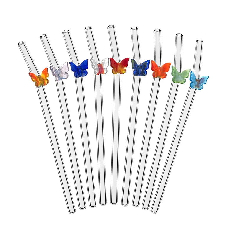 Eco-friendly Multi-color Butterfly Straw Twisted High Temperature Resistant Glass Drinking Straw Wavy  Straws