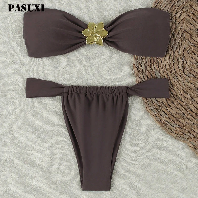 PASUXI Custom Summer Beachwear Women's Bandeau Bikini Sets Sexy Patchwork Pattern Swimwear with Custom Logo