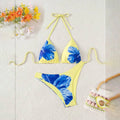 Hibiscus Floral Plus Size Bikini Set for Women Yellow Triangle Halter Top Blue Print High Cut Bottom Two Piece Front Logo
