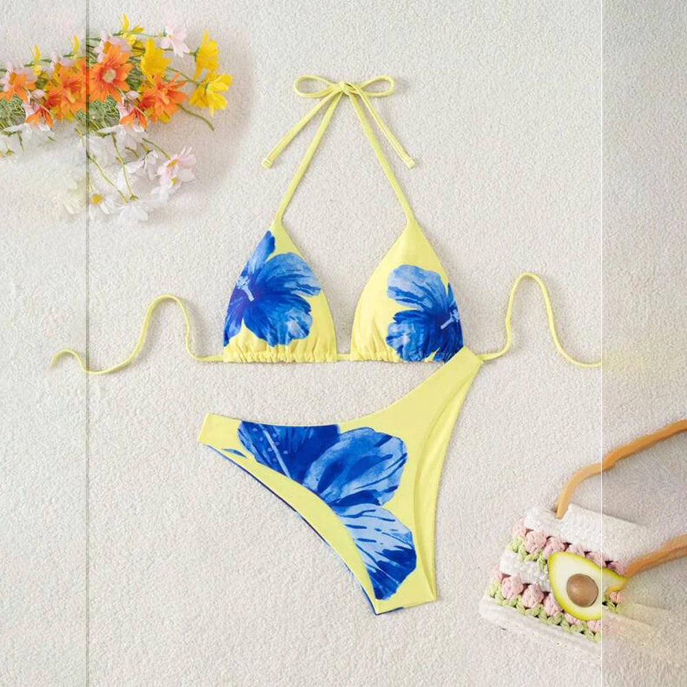 Hibiscus Floral Plus Size Bikini Set for Women Yellow Triangle Halter Top Blue Print High Cut Bottom Two Piece Front Logo