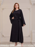 Muslim Dresses for Women Classic Round Neck Long Sleeve Back Zip Maxi Dress Summer Casual Solid Color Flowy Dress
