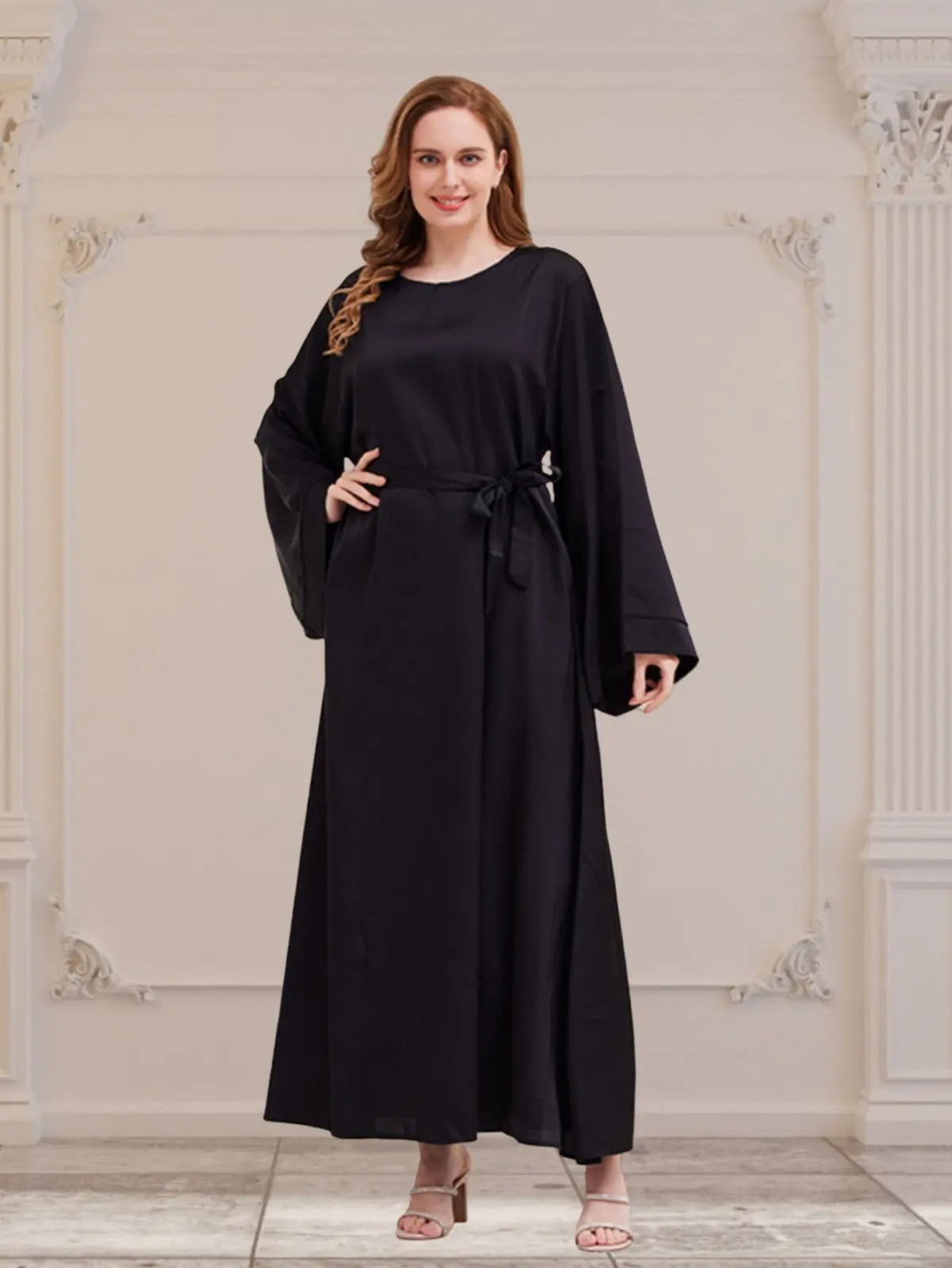 Muslim Dresses for Women Classic Round Neck Long Sleeve Back Zip Maxi Dress Summer Casual Solid Color Flowy Dress
