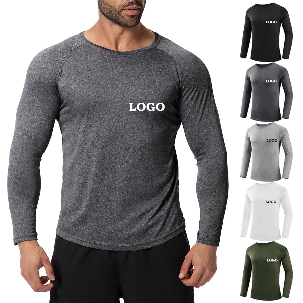 Custom Logo Muscle Fit T-shirt 100% Polyester Quick-drying Long Sleeve T Shirts Mens Gym T Shirts