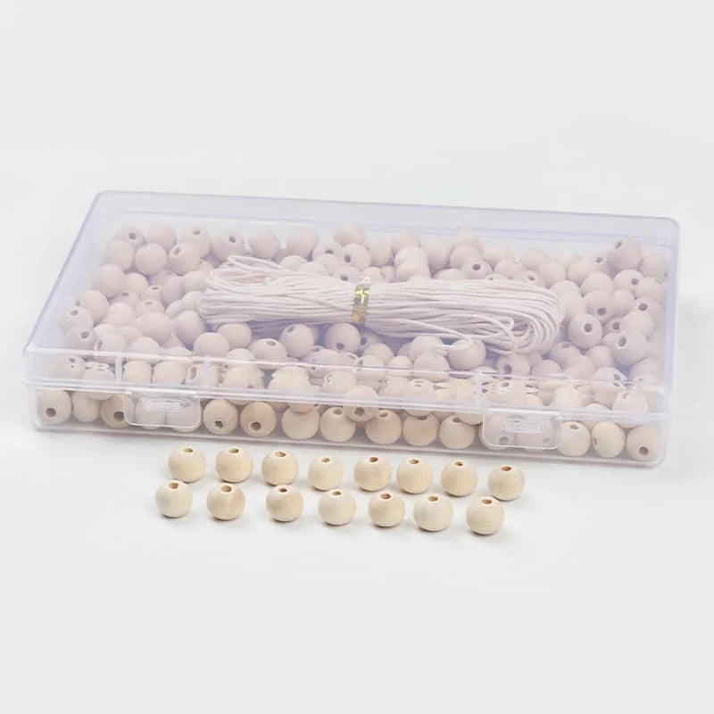 300pcs DIY Wooden Bead Set Natural Wood Color Box Wooden Beads for Stringing Round Beads Waxed Cord Combination Accessories