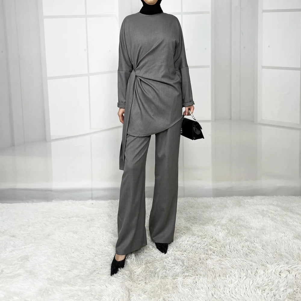 Elegant Solid Color Long Sleeve Blouse Trouser Sets Plus Size One Fitting for Summer Autumn Spring-Casual Polyester Pantsuit