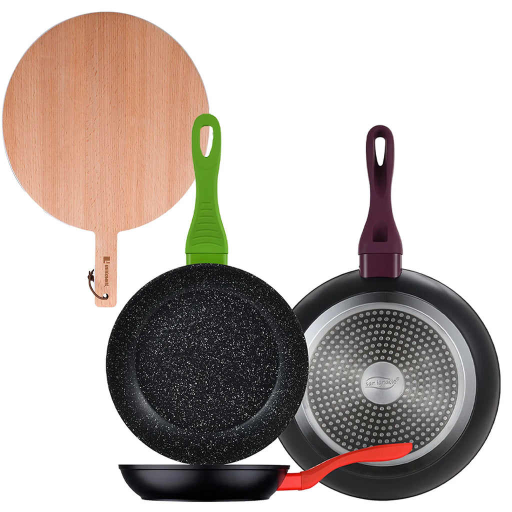 Set of 3 San Ignacio 20/24/28 forged aluminum frying pans induction compatible + Round 38x28x1.5cm beechwood cutting board
