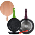 Set of 3 San Ignacio 20/24/28 forged aluminum frying pans induction compatible + Round 38x28x1.5cm beechwood cutting board