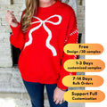 Custom Large Size Women's Round Neck Pullover Sweater Top with Bow Embroidery Casual Style Front Logo Placement