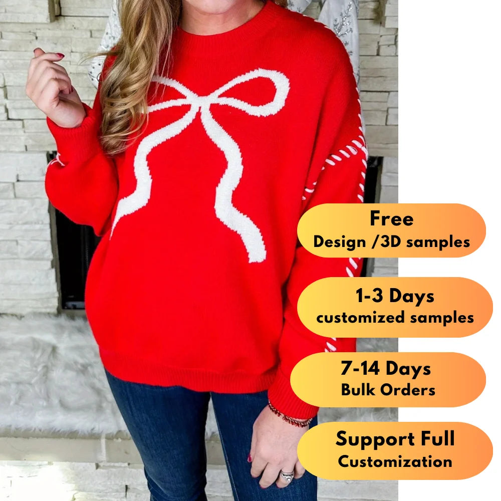 Custom Large Size Women's Round Neck Pullover Sweater Top with Bow Embroidery Casual Style Front Logo Placement