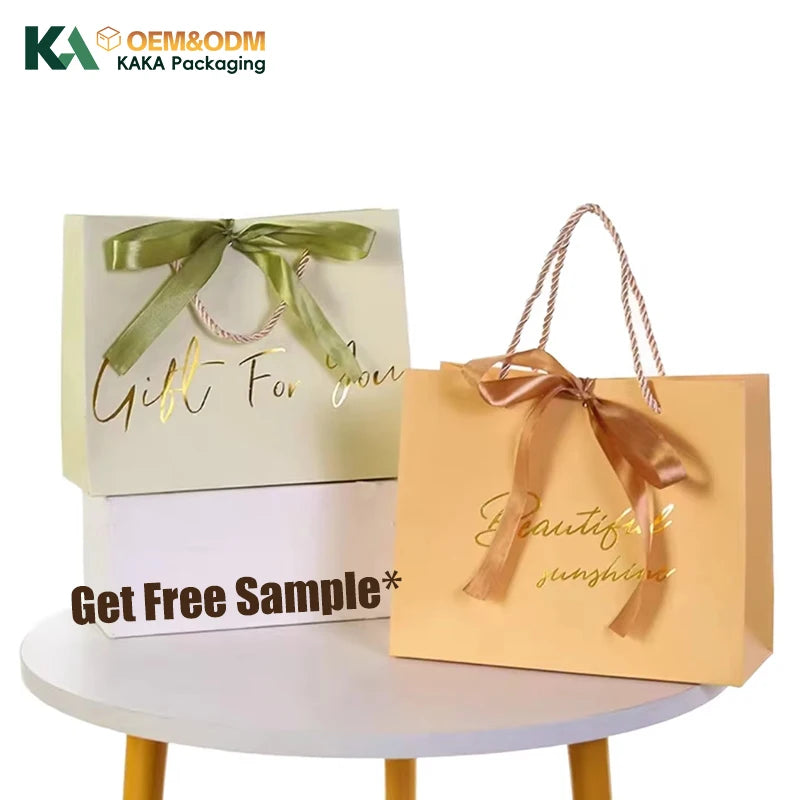 KAKA Custom Logo Luxury Paper Gift Bag with Ribbon Bow Elegant Gold Stamping Packaging Bag for Wedding & Boutique