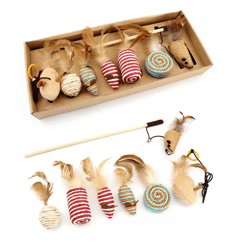 Funny Kitten Cutie 7pcs Feather Cat Exercise Interactive Teaser Long Rod Wand Gifts Set Mouse Toys