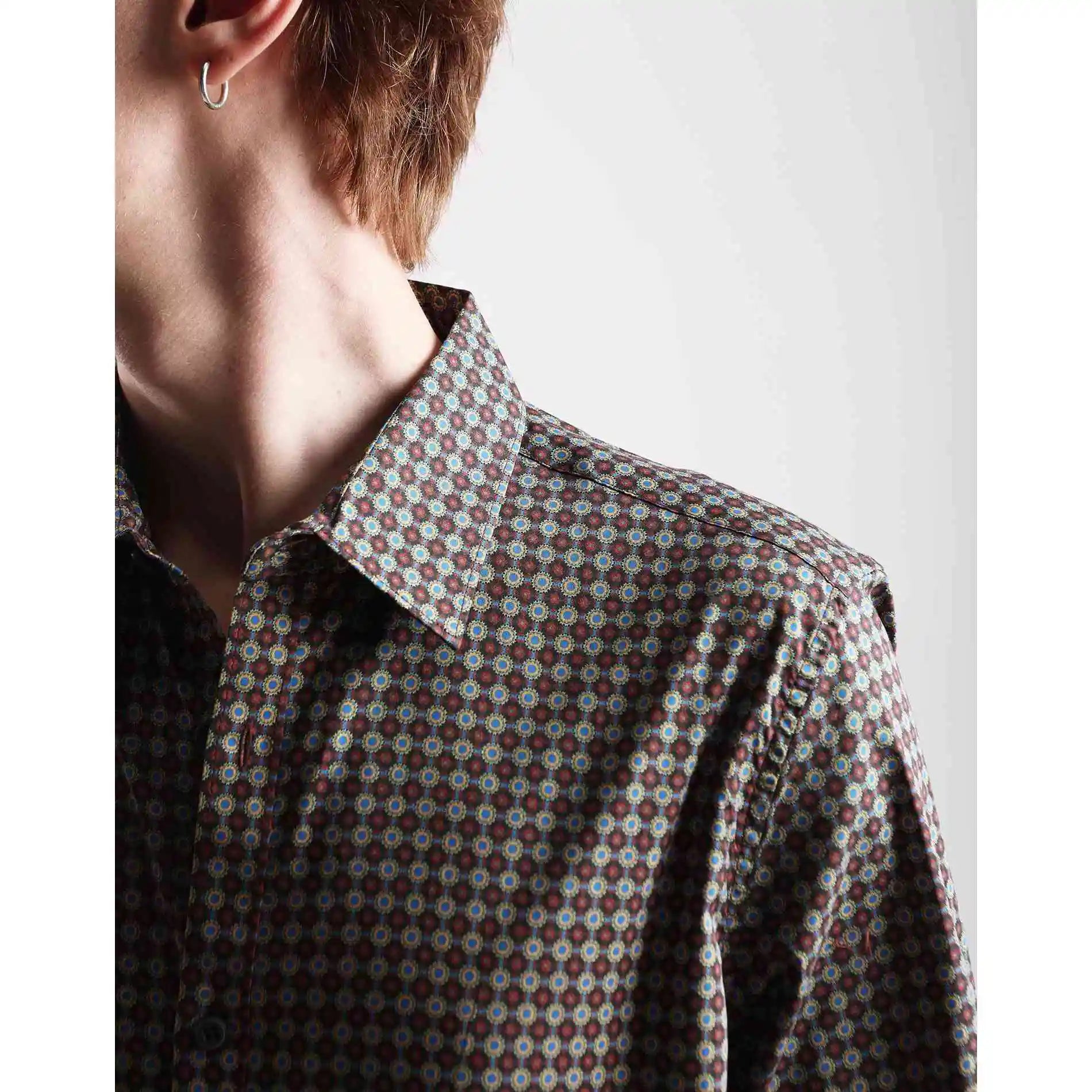 Imperio Shop Imp9019 Toasted Brown Blue Gold Pattern Contemporary Fashion Men's Slim Fit Breathable Autumn Fantasy Full Shirt