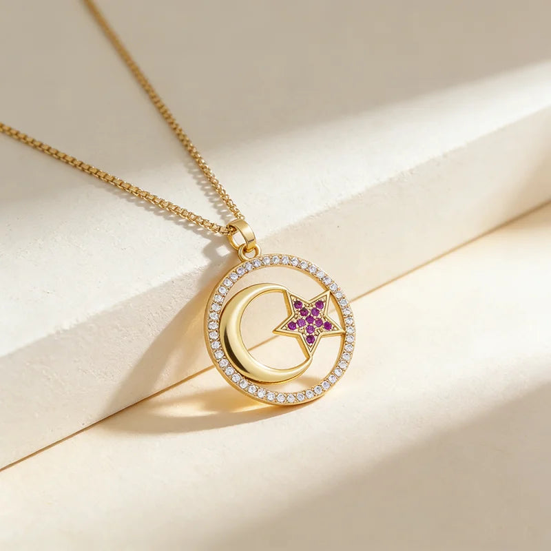 QIKU Romantic Moon Star Hollow Out Pendant Women Necklace Copper Zircon Exquisite Jewelry Accessories Charm Gift Wholesale Price