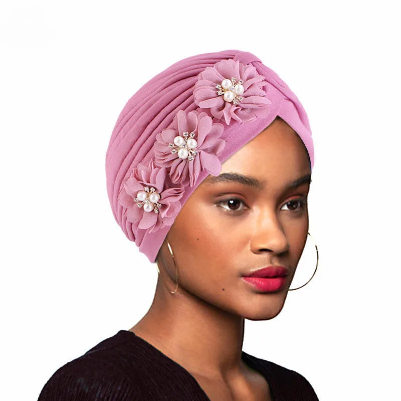 Three Flower Pleated Turban Hat Indian Hat Muslim Ethnic Hat