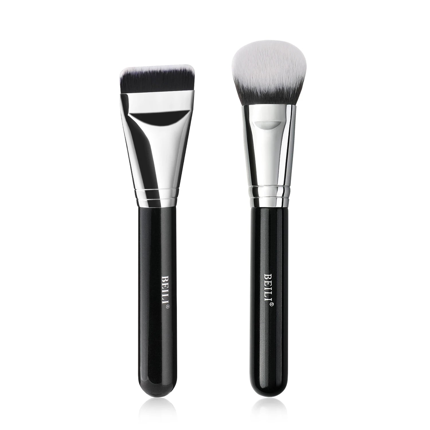 Private Label Vegan Angled Flat Foundation Kabuki Brush | Wholesale Black Wood Handle Synthetic Makeup Brush