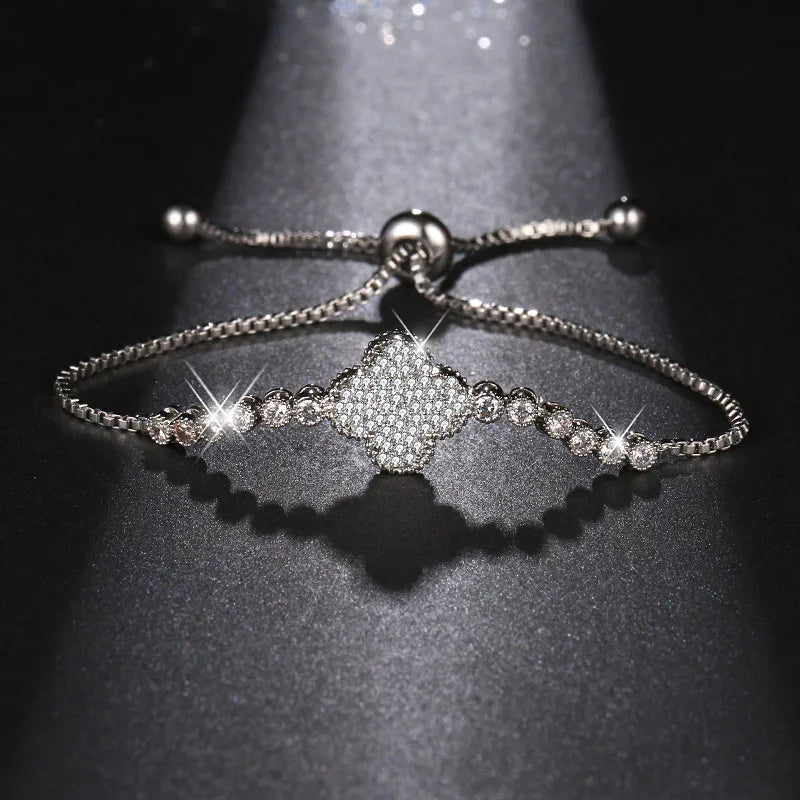 Wholesale Cubic Zirconia Crystal Women Wedding Bridal Charm Clover Bracelet Adjustable