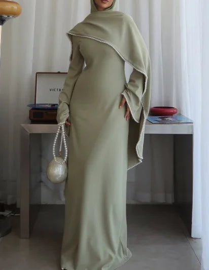 YKD049 2026 Eid Muslim Dress Wome Islamic Clothing Hijabs Traditional Elegant Pearl Cape Dress Elastic Knitted Fabric