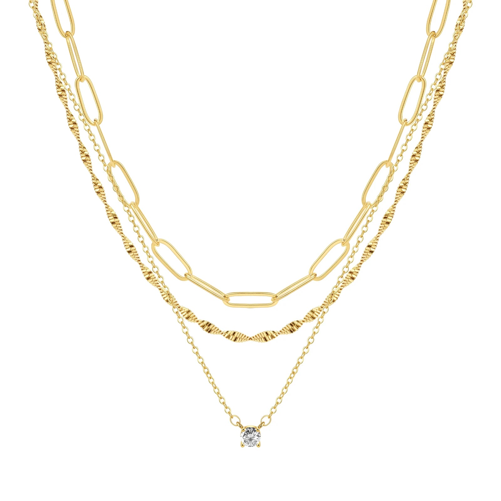 Elegant Golden 3-Layer Link Chain Necklace Set for Women Trendy Shiny Zircon Layered Jewelry Main Brass Perfect Stackable Gift