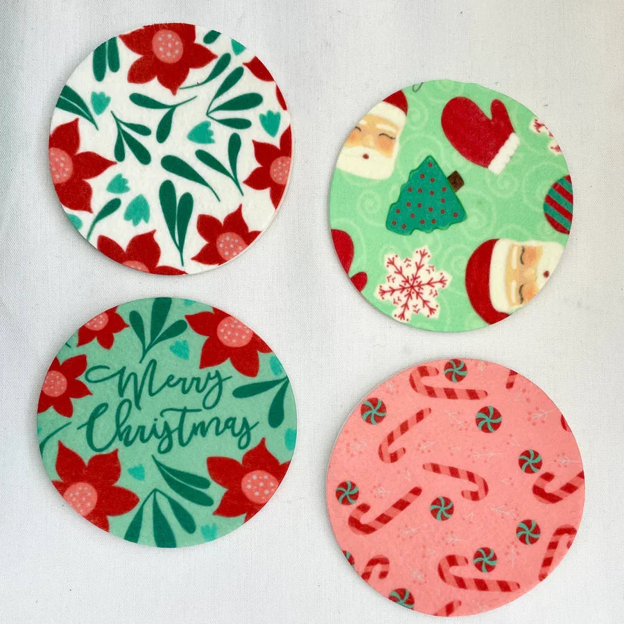 Christmas Eco-Friendly 100% Polyester Felt Coaster Set Sublimation Printing Logo 10cm Diameter Modern Design Desktop Decoration